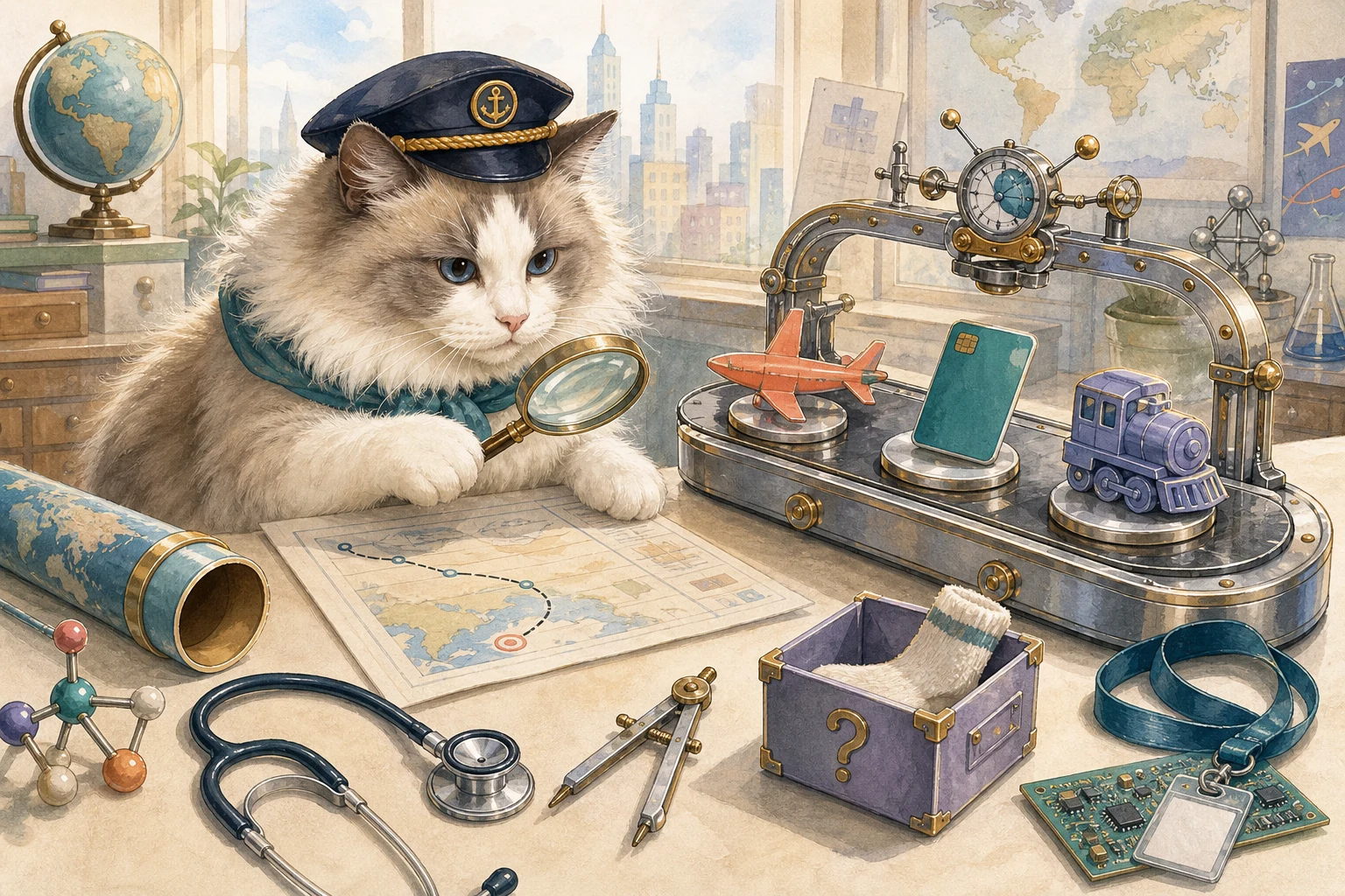 Watercolor illustration of Schrodinger inspecting a travel plan in a playful laboratory with airplane, hotel, and train models
